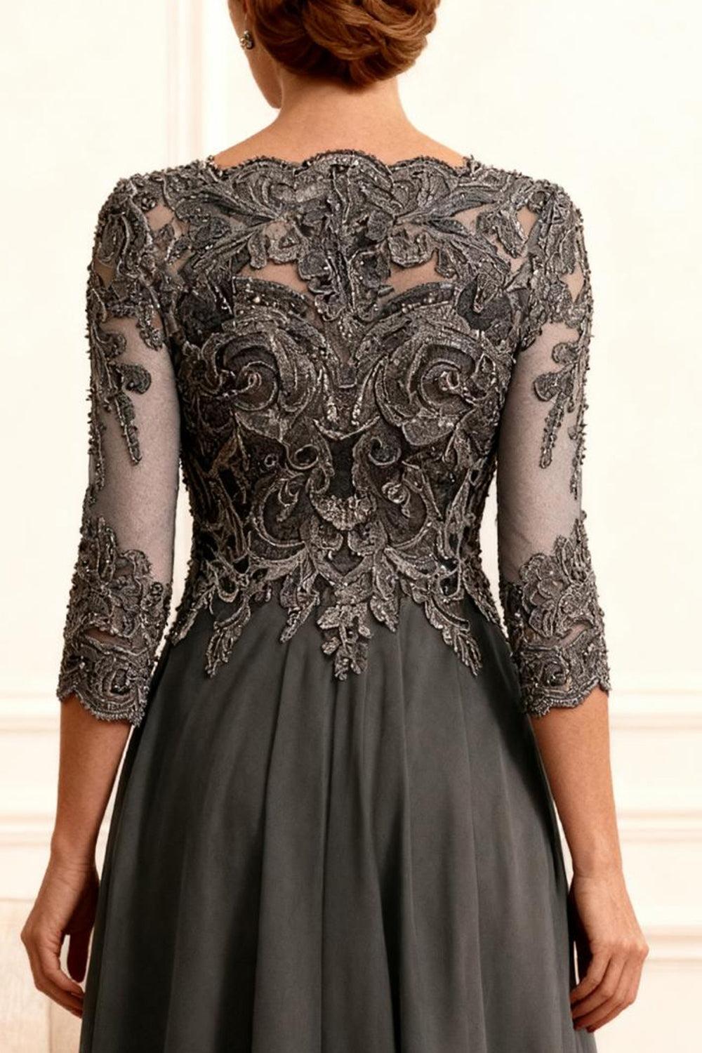 Dreamyannie Dark Grey A Line Bateau Neck Floor Length Mother Of The Bride Dress With Lace