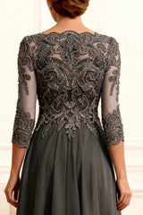 Dreamyannie Dark Grey A Line Bateau Neck Floor Length Mother Of The Bride Dress With Lace