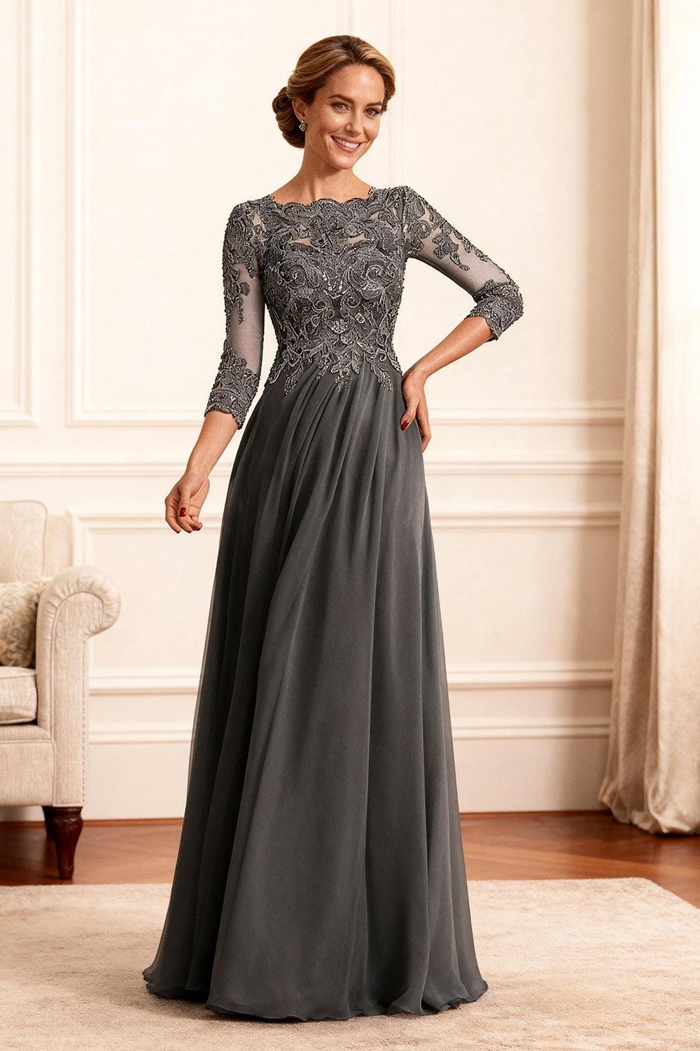 Dreamyannie Dark Grey A Line Bateau Neck Floor Length Mother Of The Bride Dress With Lace
