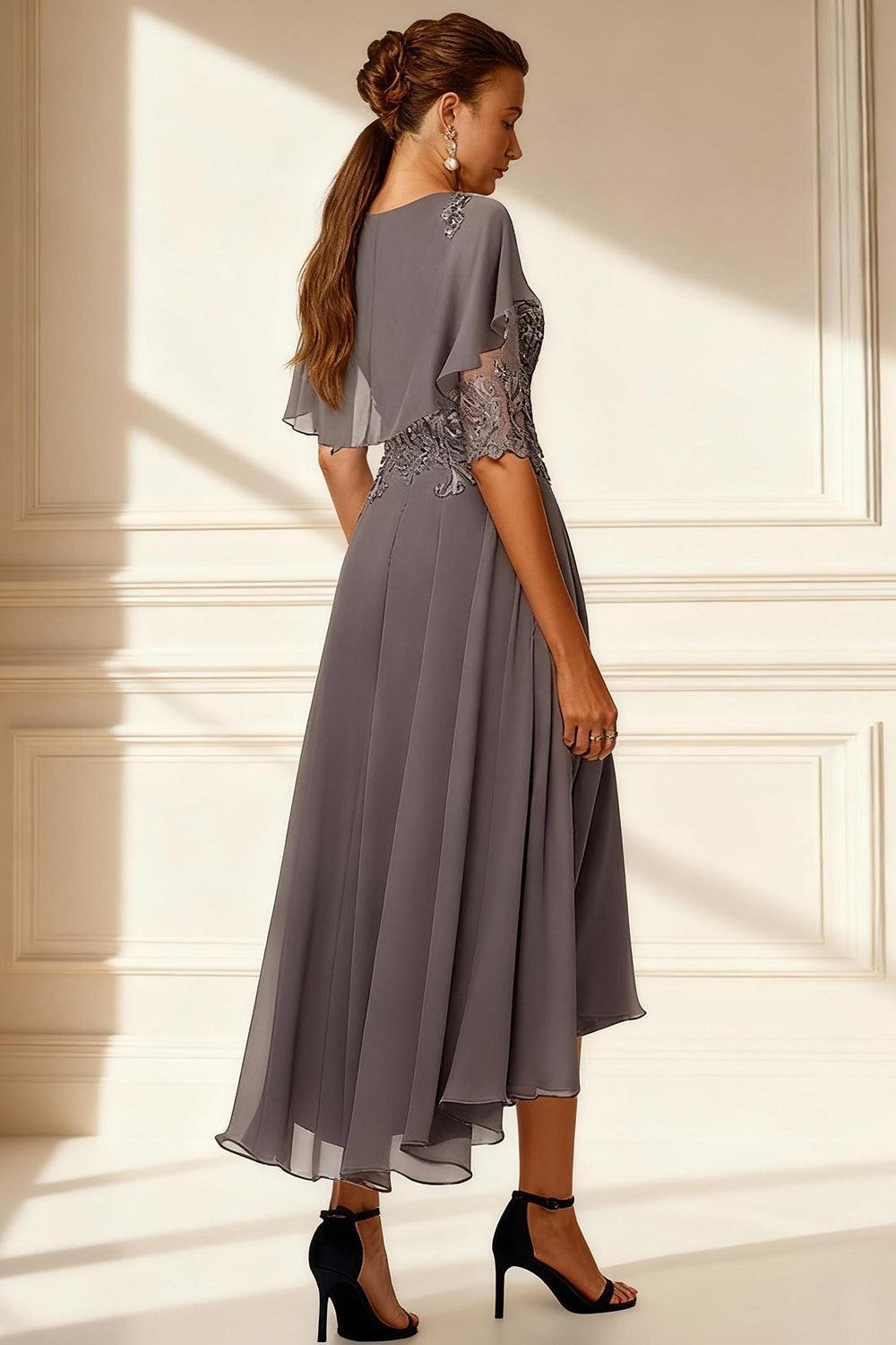 Dreamyannie Dark Grey A Line V Neck Tea Length Mother Of The Bride Dress With Lace