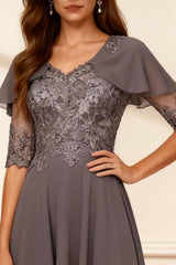 Dreamyannie Dark Grey A Line V Neck Tea Length Mother Of The Bride Dress With Lace