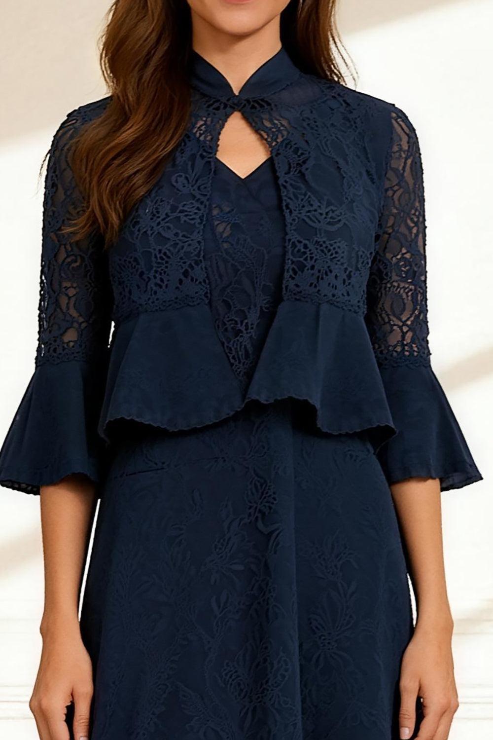 Dreamyannie Dark Navy A Line Lace 2 Piece Knee Length Mother Of The Bride Dress With Jacket