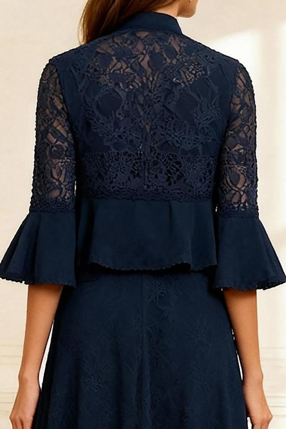 Dreamyannie Dark Navy A Line Lace 2 Piece Knee Length Mother Of The Bride Dress With Jacket