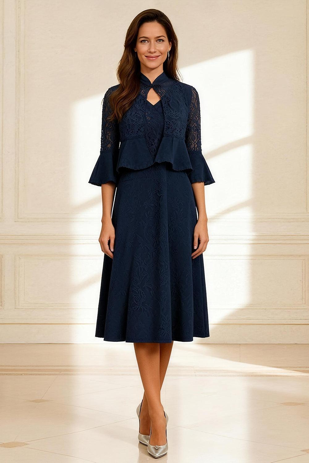 Dreamyannie Dark Navy A Line Lace 2 Piece Knee Length Mother Of The Bride Dress With Jacket
