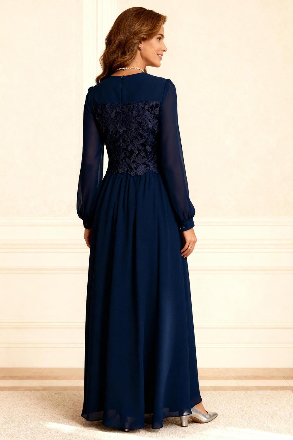Dreamyannie Dark Navy Chiffon A Line Floor Length Mother Of The Bride Dress With Lace