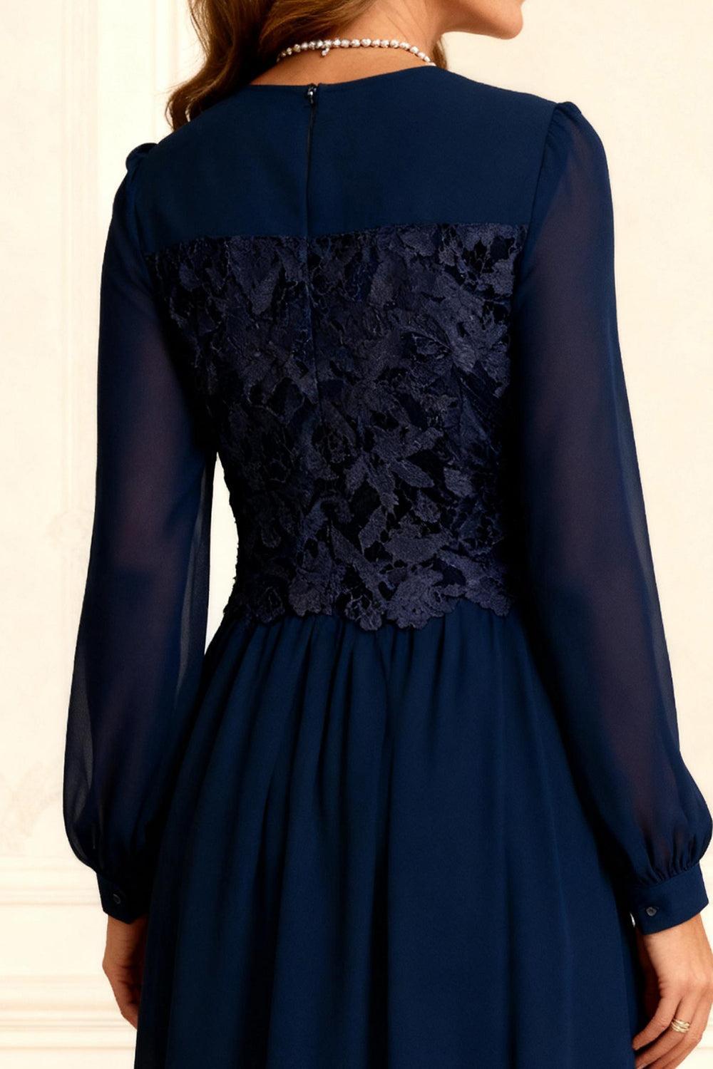 Dreamyannie Dark Navy Chiffon A Line Floor Length Mother Of The Bride Dress With Lace