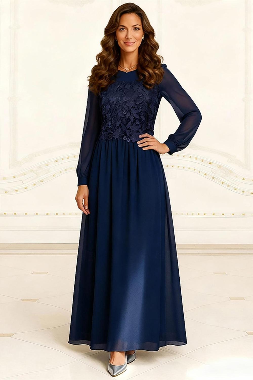 Dreamyannie Dark Navy Chiffon A Line Floor Length Mother Of The Bride Dress With Lace