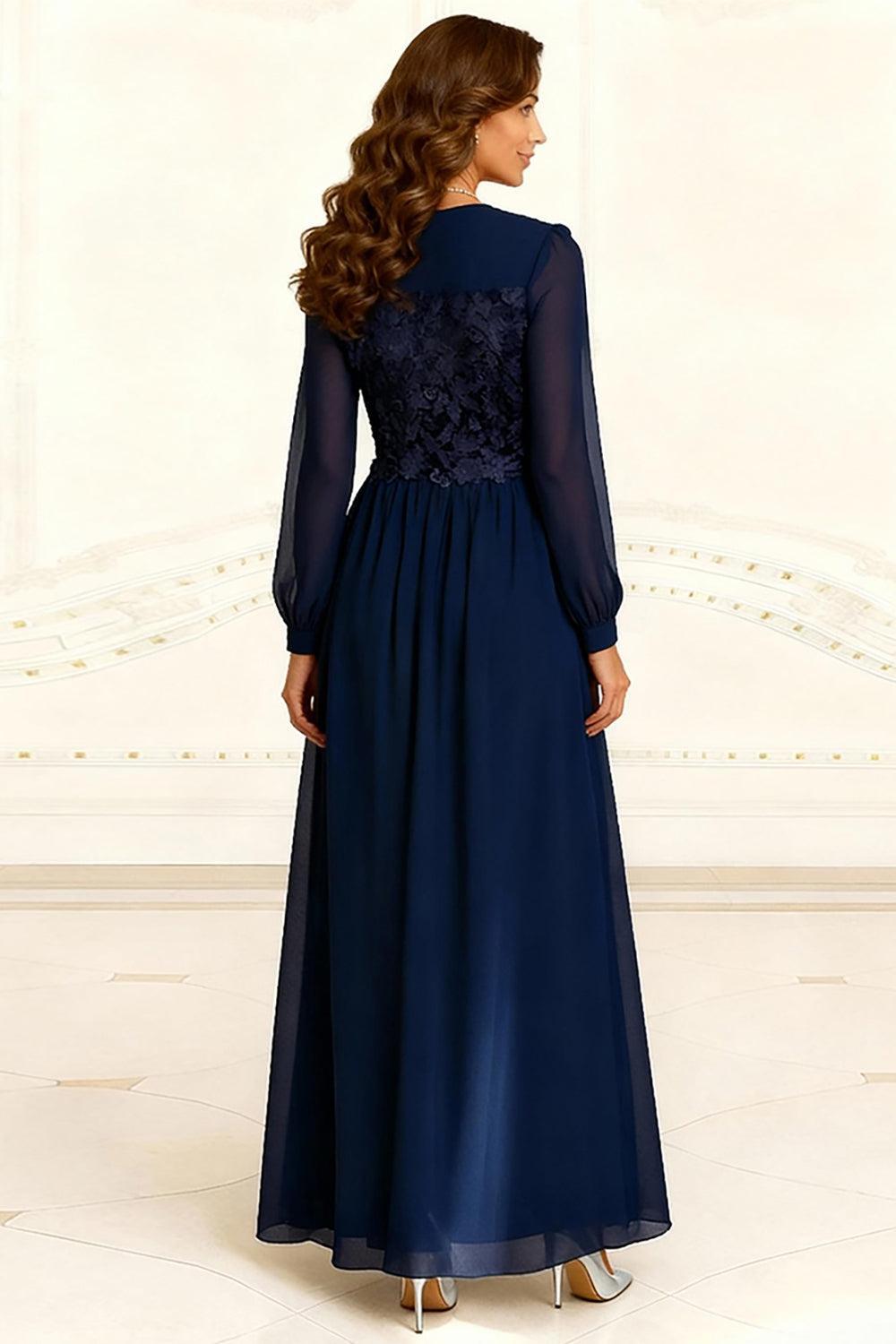 Dreamyannie Dark Navy Chiffon A Line Floor Length Mother Of The Bride Dress With Lace