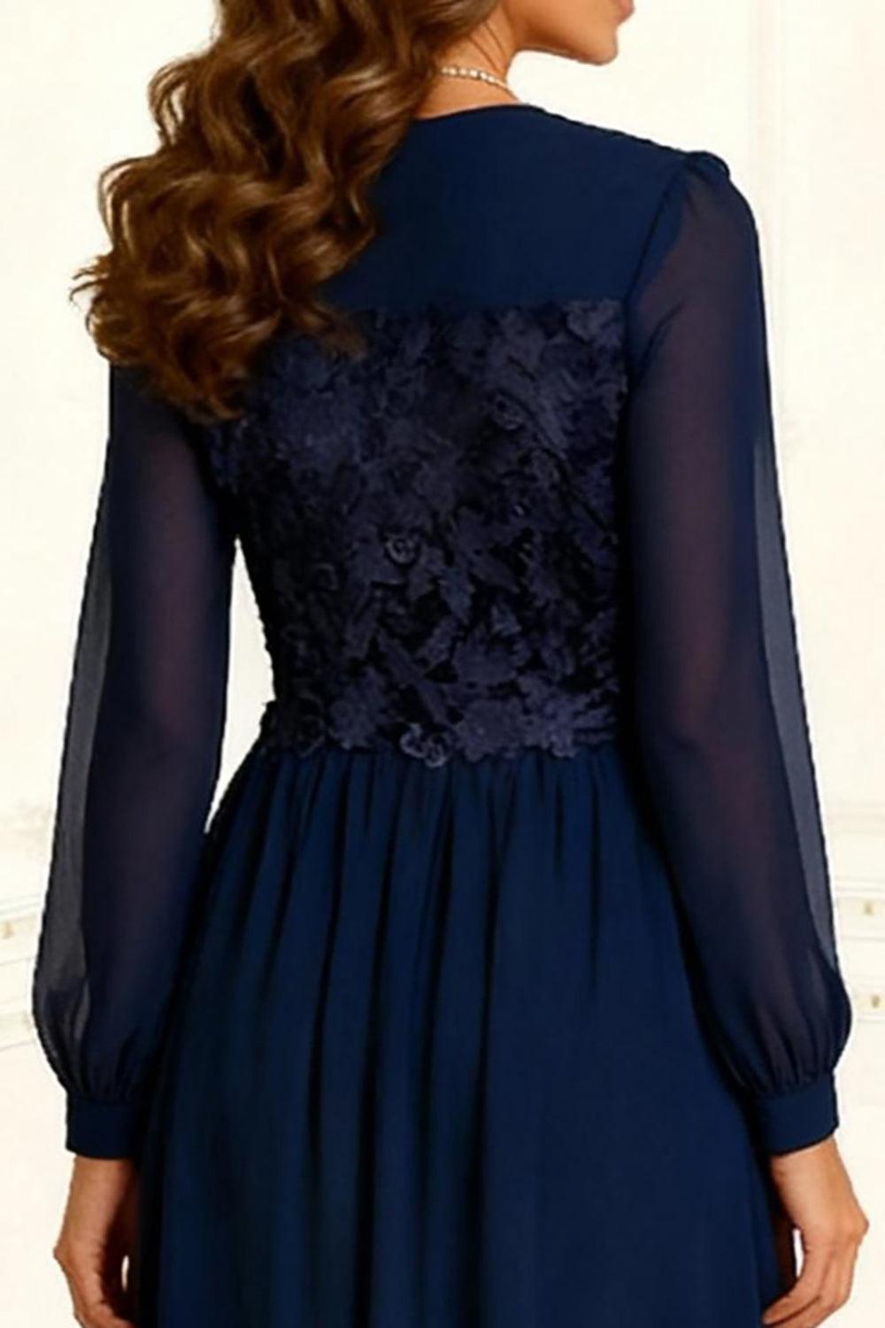 Dreamyannie Dark Navy Chiffon A Line Floor Length Mother Of The Bride Dress With Lace