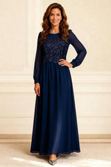 Dreamyannie Dark Navy Chiffon A Line Floor Length Mother Of The Bride Dress With Lace