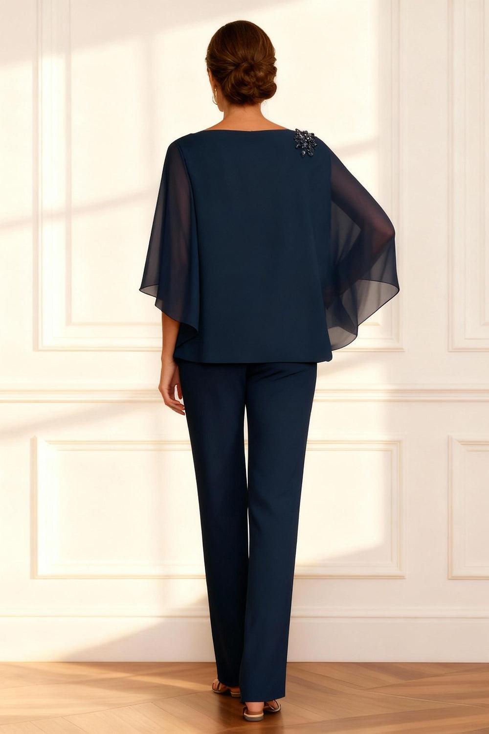 Dreamyannie Dark Navy Chiffon Boat Neck 2 Piece Mother Of The Bride Pant Suits