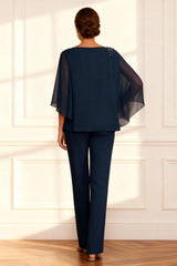 Dreamyannie Dark Navy Chiffon Boat Neck 2 Piece Mother Of The Bride Pant Suits