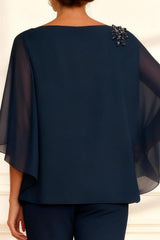 Dreamyannie Dark Navy Chiffon Boat Neck 2 Piece Mother Of The Bride Pant Suits