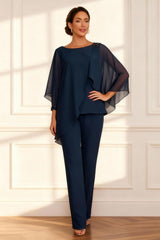 Dreamyannie Dark Navy Chiffon Boat Neck 2 Piece Mother Of The Bride Pant Suits
