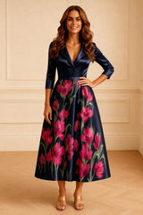 Dreamyannie Dark Navy Floral Printed Satin A Line Tea Length Mother Of The Bride Dress