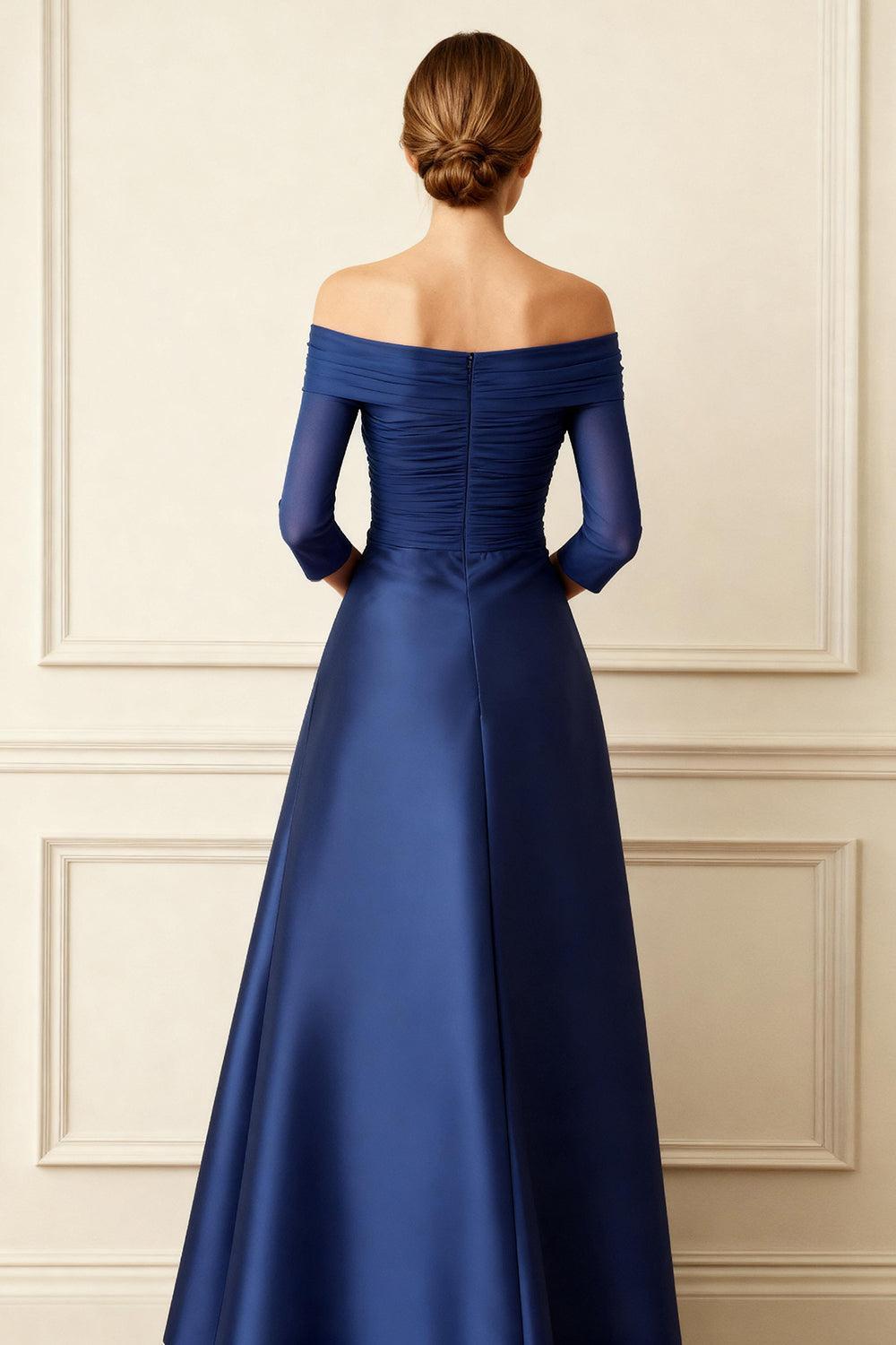 Dreamyannie Dark Navy Pleated Beaded Sheath Floor Length Mother Of The Bride Dress With Bow