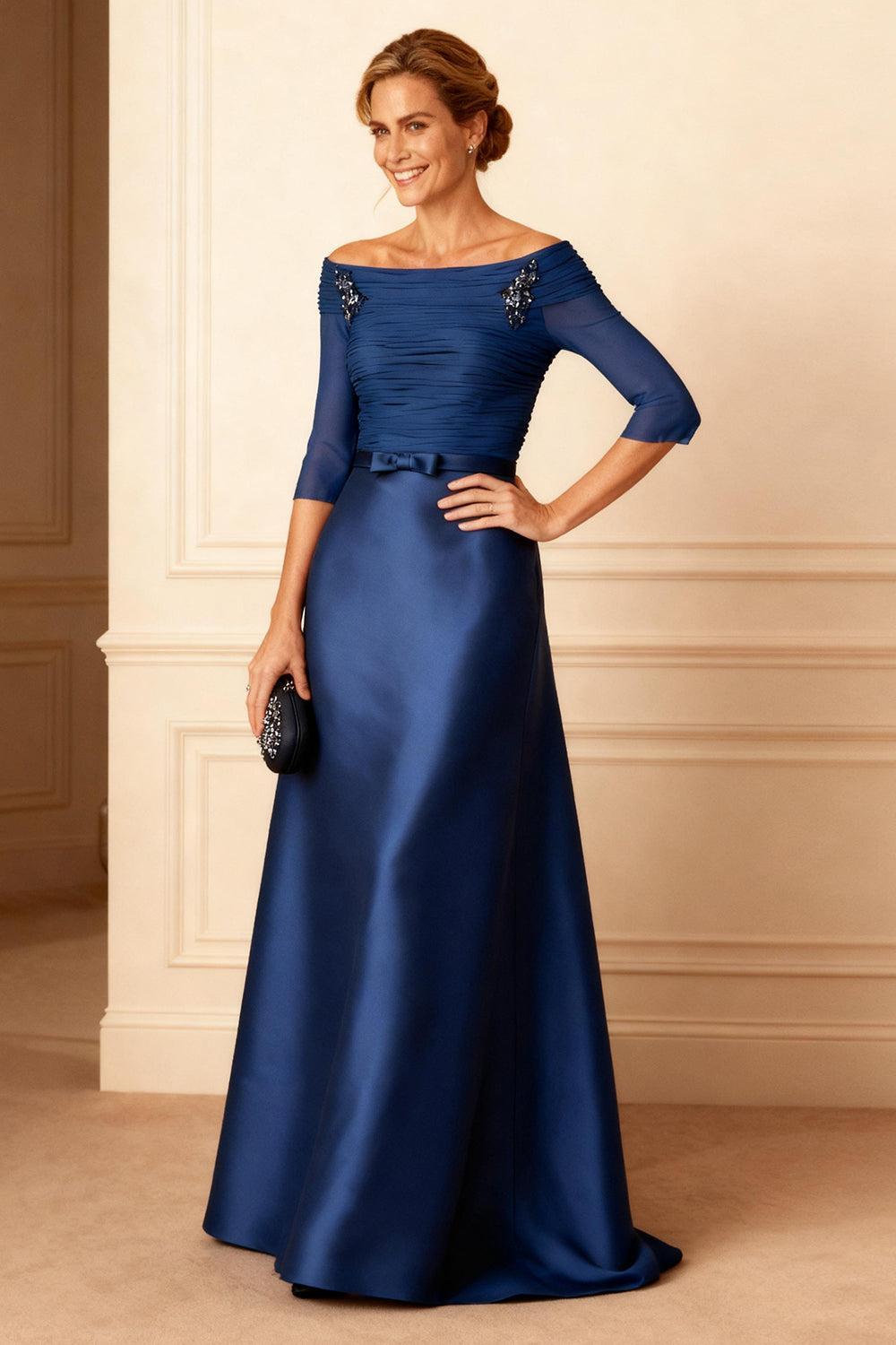 Dreamyannie Dark Navy Pleated Beaded Sheath Floor Length Mother Of The Bride Dress With Bow