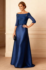 Dreamyannie Dark Navy Pleated Beaded Sheath Floor Length Mother Of The Bride Dress With Bow