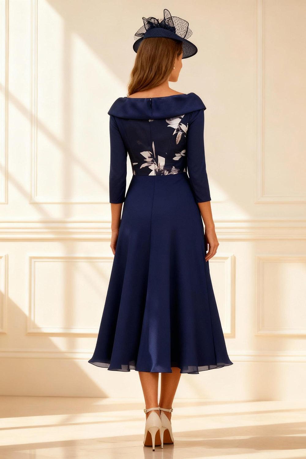 Dreamyannie Dark Navy Printed A Line Tea Length Mother Of The Bride Dress With Sleeves