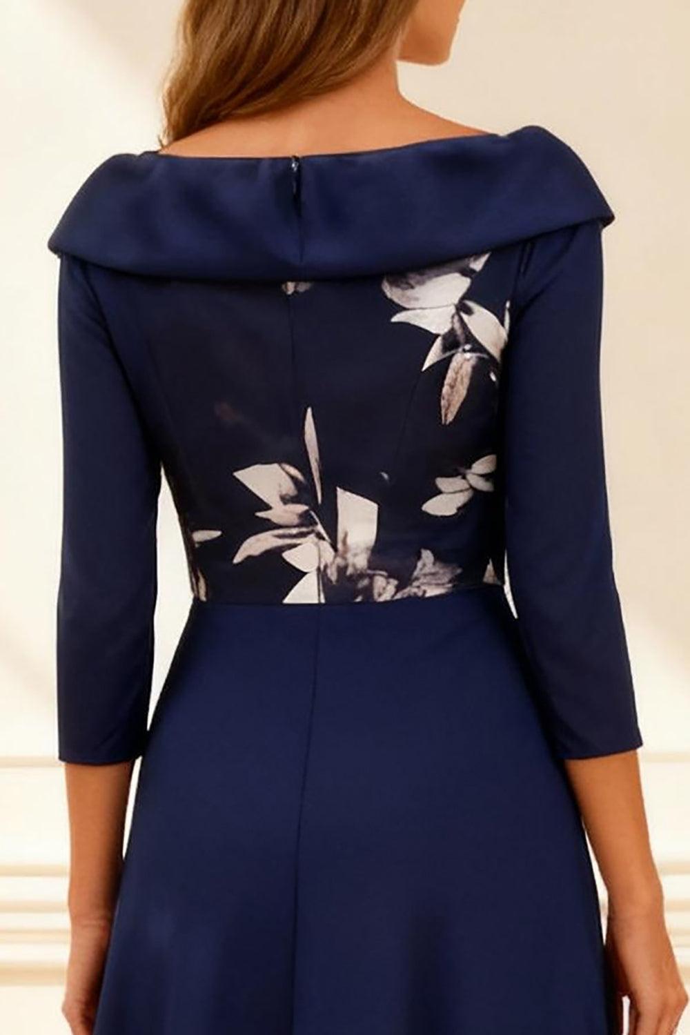 Dreamyannie Dark Navy Printed A Line Tea Length Mother Of The Bride Dress With Sleeves