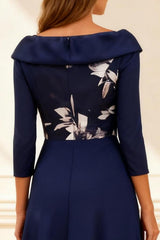 Dreamyannie Dark Navy Printed A Line Tea Length Mother Of The Bride Dress With Sleeves
