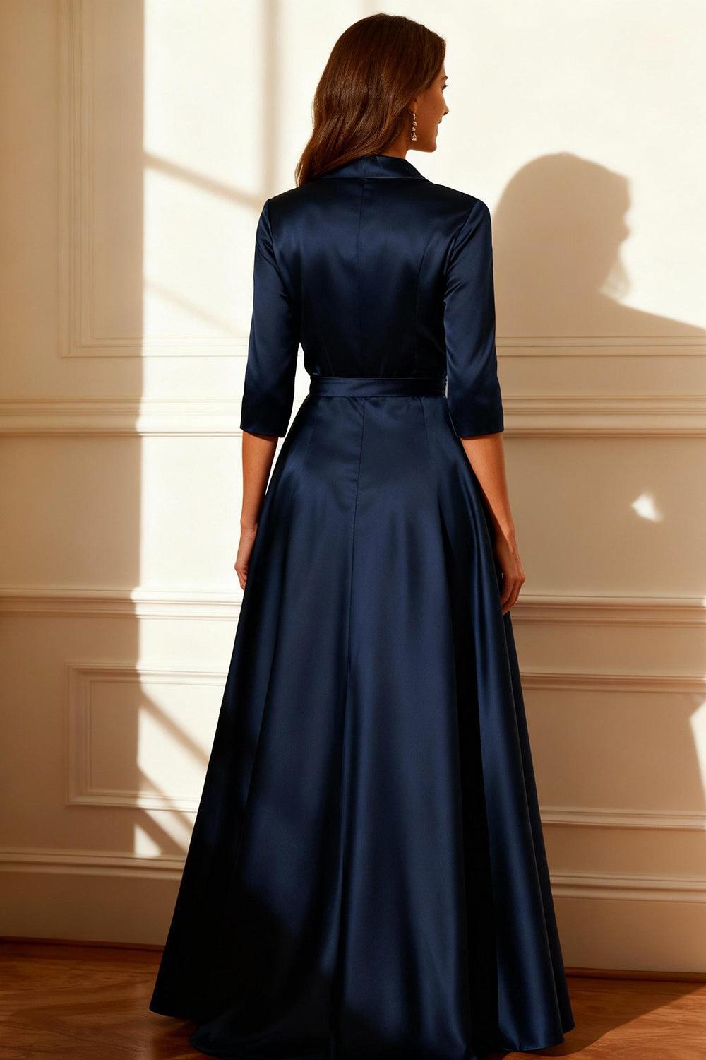 Dreamyannie Dark Navy Satin V Neck Floor Length Mother Of The Bride Dress With Slit