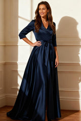 Dreamyannie Dark Navy Satin V Neck Floor Length Mother Of The Bride Dress With Slit