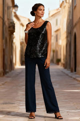 Dreamyannie Dark Navy Sequins 3 Piece Mother Of The Bride Pant Suits With Jacket