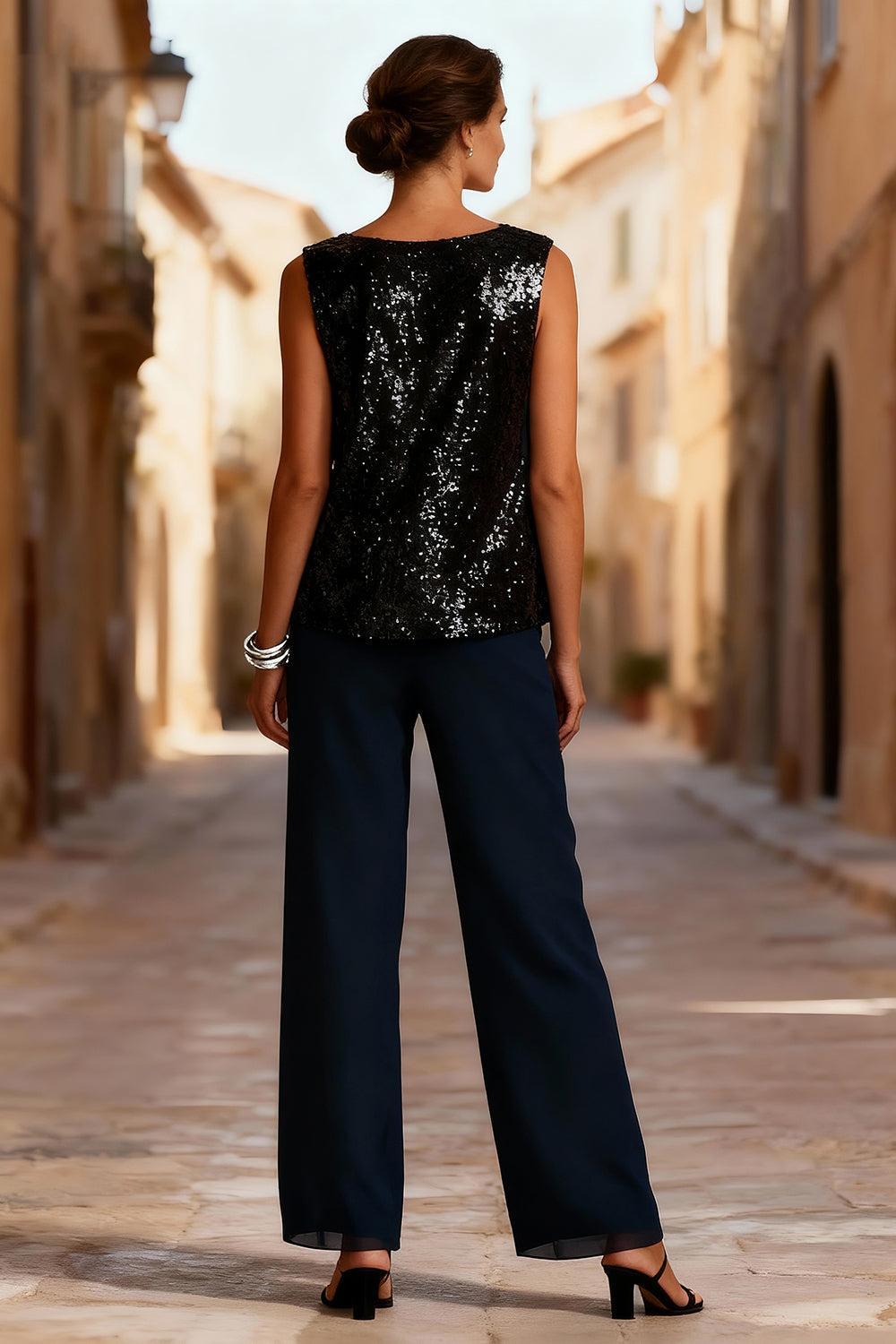 Dreamyannie Dark Navy Sequins 3 Piece Mother Of The Bride Pant Suits With Jacket