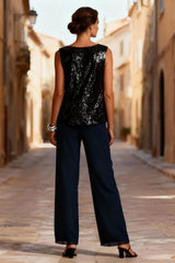 Dreamyannie Dark Navy Sequins 3 Piece Mother Of The Bride Pant Suits With Jacket