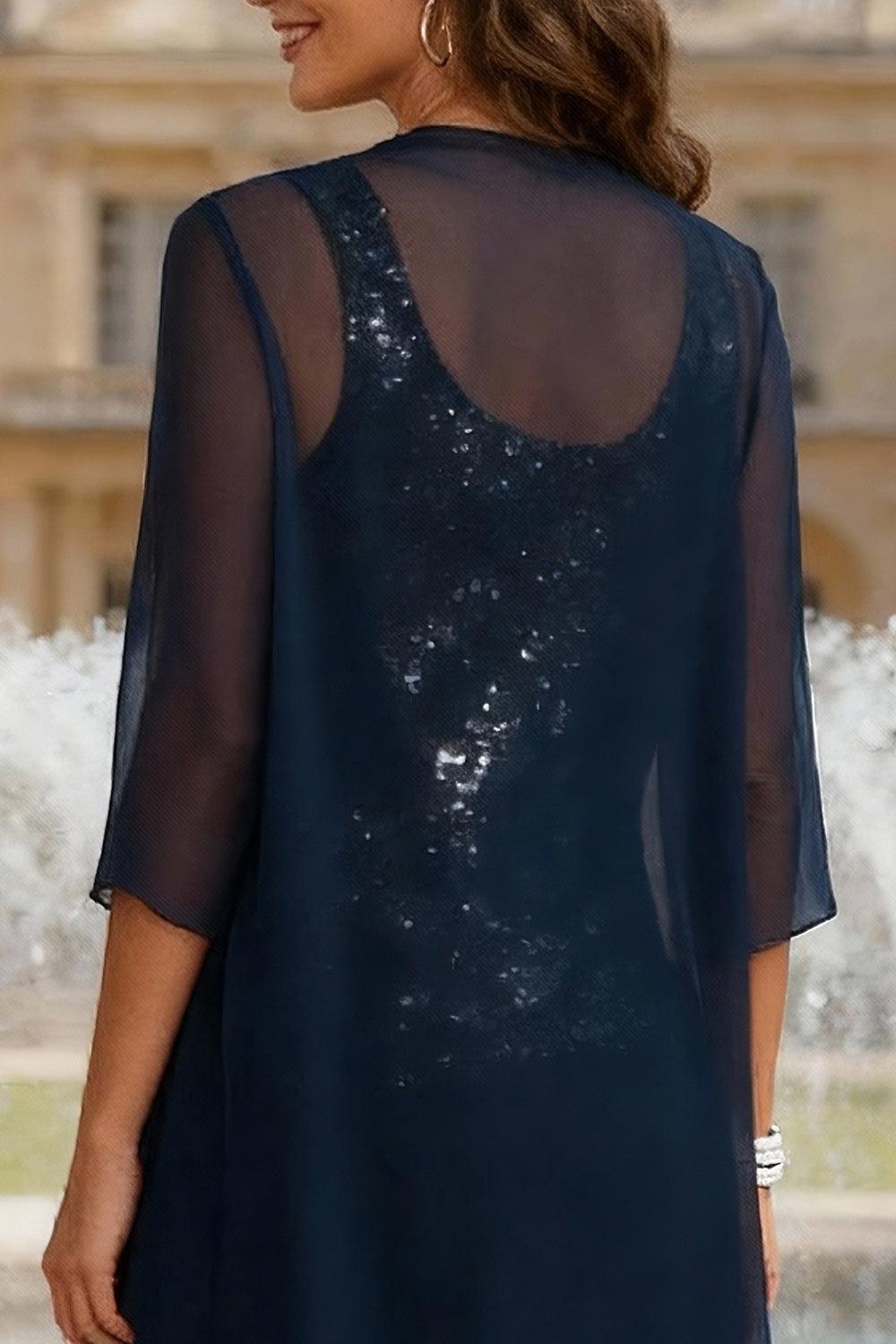 Dreamyannie Dark Navy Sequins 3 Piece Mother Of The Bride Pant Suits With Jacket