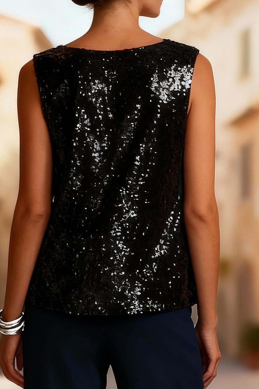Dreamyannie Dark Navy Sequins 3 Piece Mother Of The Bride Pant Suits With Jacket