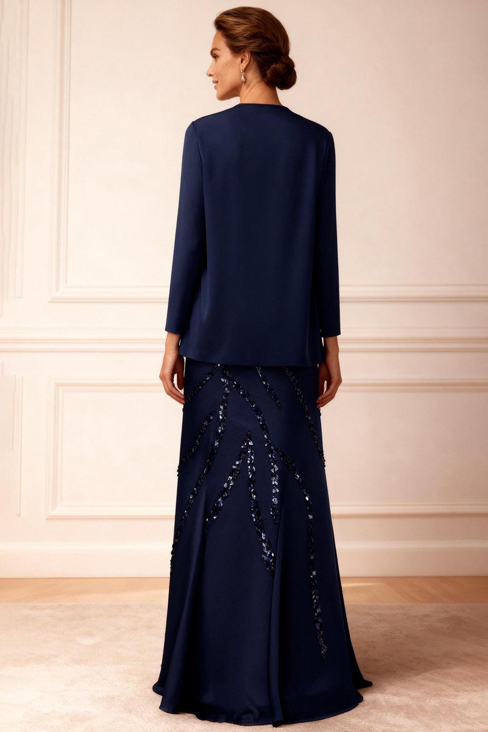 Dreamyannie Dark Navy Sequins Mermaid 2 Piece Floor Length Mother Of The Bride Dress With Jacket