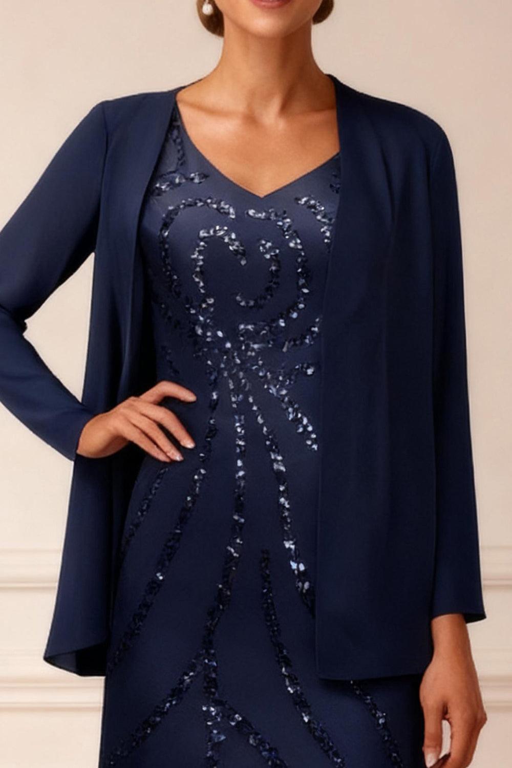 Dreamyannie Dark Navy Sequins Mermaid 2 Piece Floor Length Mother Of The Bride Dress With Jacket
