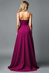 Dreamyannie Dark Purple Wedding Guest Dress A Line V-Neck Satin Long Formal Dress With Ruffles