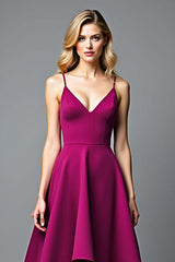 Dreamyannie Dark Purple Wedding Guest Dress A Line V-Neck Satin Long Formal Dress With Ruffles