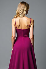 Dreamyannie Dark Purple Wedding Guest Dress A Line V-Neck Satin Long Formal Dress With Ruffles