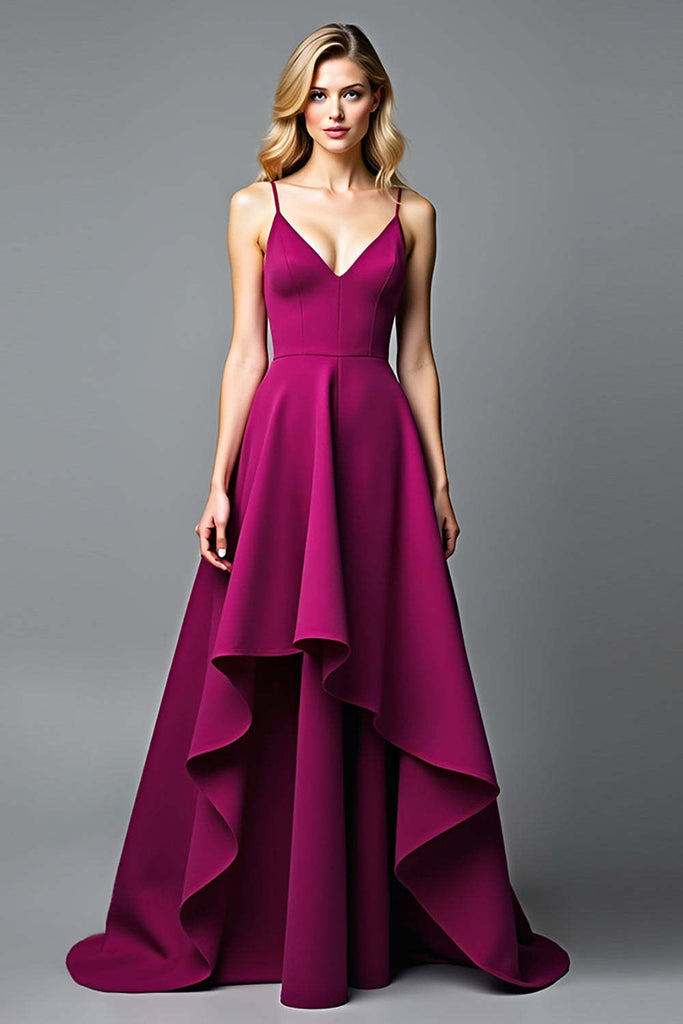 Dreamyannie UK Dark Purple Wedding Guest Dress A Line V-Neck Satin Long Formal  Dress With Ruffles