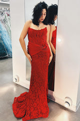 Dreamyannie Dark Red Prom Dress Lace Corset Mermaid Evening Dress