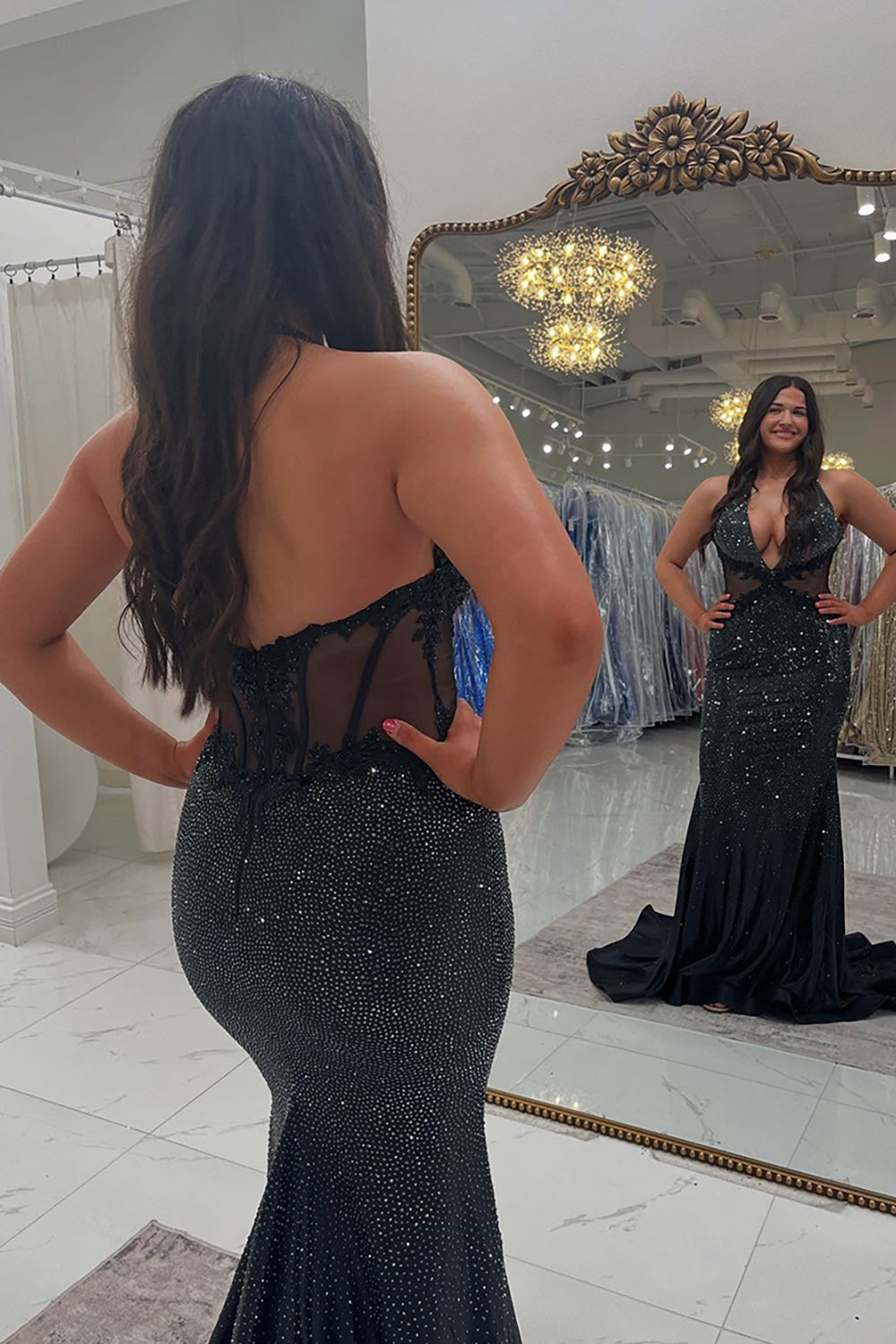 Dreamyannie Deep V-Neck Blue Prom Dress Mermaid Formal Dress