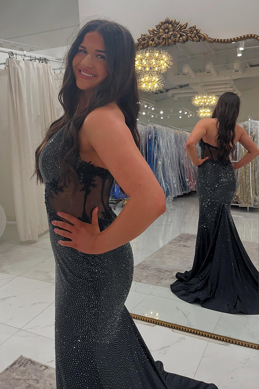 Dreamyannie Deep V-Neck Blue Prom Dress Mermaid Formal Dress