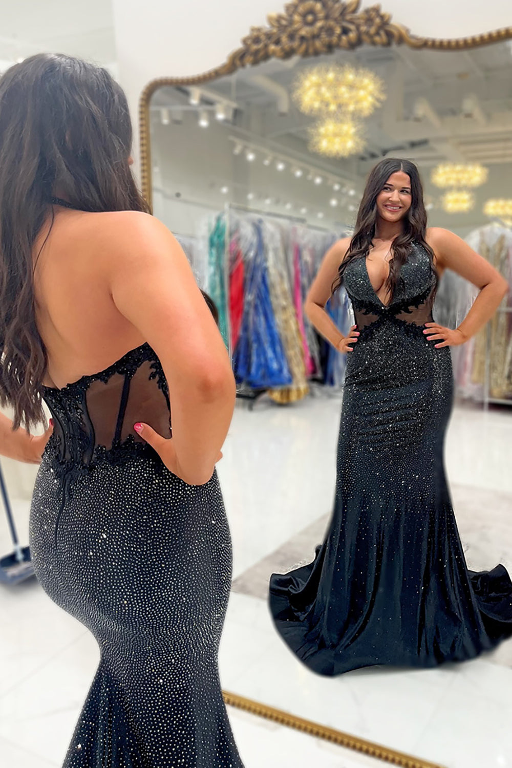 Dreamyannie Deep V-Neck Blue Prom Dress Mermaid Formal Dress