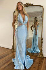 Dreamyannie Deep V-Neck Blue Prom Dress Mermaid Formal Dress