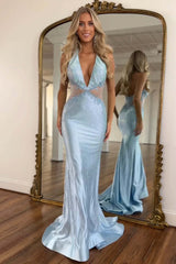 Dreamyannie Deep V-Neck Blue Prom Dress Mermaid Formal Dress