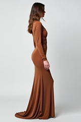 Dreamyannie Deep V-Neck Caramel Sheath Long Gala Dress With Long Sleeves