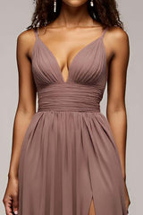 Dreamyannie Deep V-Neck Chiffon Dusk Long Formal Dress With Slit
