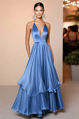 Dreamyannie Deep V-Neck Floor Length Blue Wedding Guest Dress A Line Satin Formal Dress