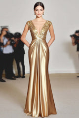 Dreamyannie Deep V-Neck Gold Ruched Long Gala Dress