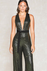 Dreamyannie Deep V-Neck Olive Wedding Guest Dress Gala Jumpsuits With Belt