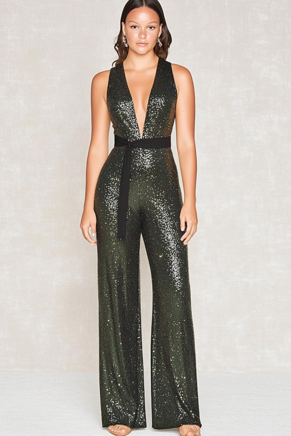 Dreamyannie Deep V-Neck Olive Wedding Guest Dress Gala Jumpsuits With Belt
